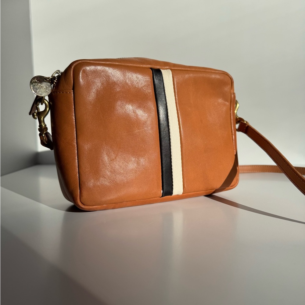 Clare V Cognac Leather Crossbody with Black & Cream Center Stripe